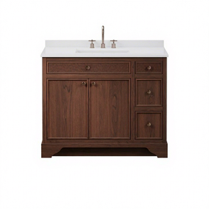 Meuble-lavabo traditionnel en bois massif résistant à l'eau pour hôtel, 48 pouces, sur pied, finition foncée avec vasque en céramique et tiroirs - Product Image 1
