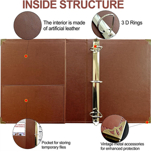 Tùy chỉnh A4 retro da 3 vòng 1 inch tổ chức chất kết dính Bộ sưu tập điều hành trình bày tập tin gấp với Brass góc bảo vệ - Product Image 4
