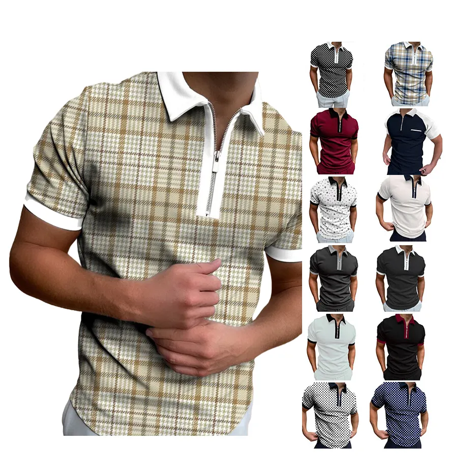 2022 Wholesale Zipper Polo Shirt Short Sleeve Men's Black Plaid Polo Shirt Polyester Polo Shirts For Men