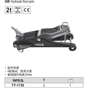 Gato hidráulico de suelo Yato 3t, altura de elevación 465mm, para coches - Product Image 2