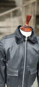 Chaqueta de cuero genuino para hombre, estilo bomber, con cuello de piel negra, chaqueta de piloto aviador, chaqueta de invierno con cremallera, ropa exterior de cuero. - Product Image 4