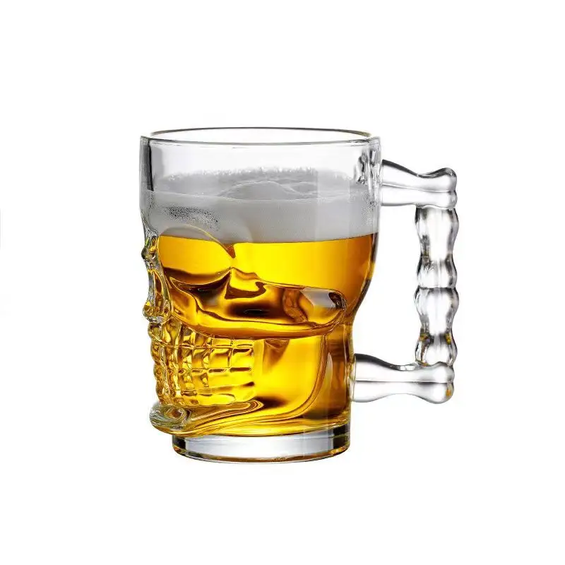Tazas transparentes de alta calidad con forma de Calavera, vasos de cerveza de cristal con mango, venta al por mayor
