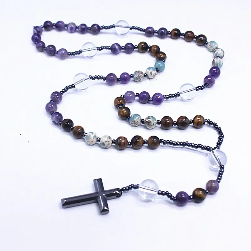 Collar De Rosario de piedra Natural de alta calidad, rosarios católicos personalizados, amatista, Ojo de Tigre, collar de hematita, Cruz de rosario