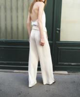 Ensemble trois pièces de luxe en mélange de lin pour femme : haut drapé à col bénitier, blazer court et pantalon large – Fabrication OEM/ODM sur mesure
