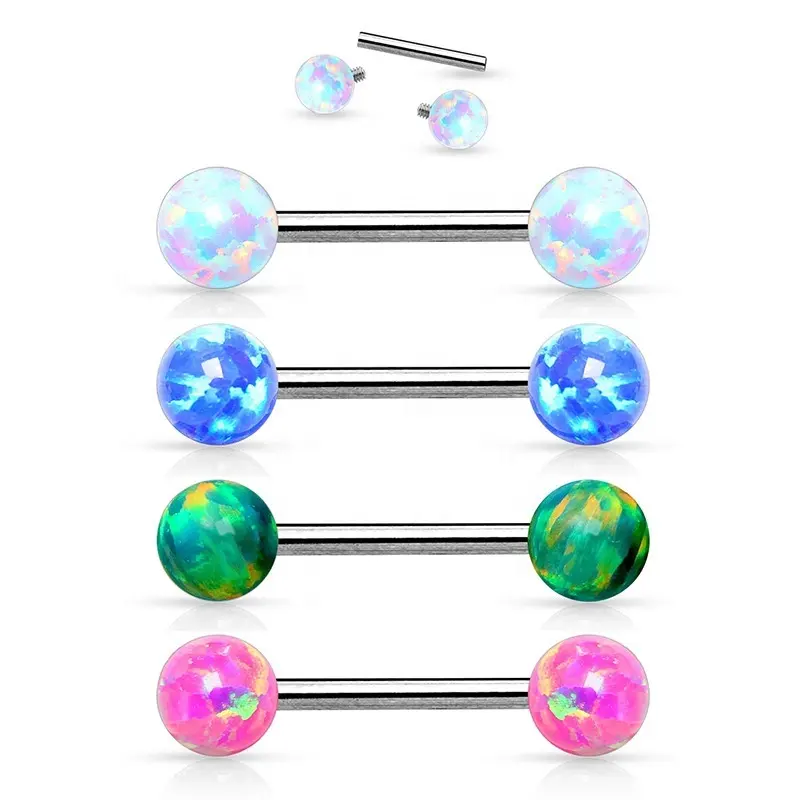 Surgical Steel Internally Threaded Barbell Opal Ball Tongue Nipple Ring 14G Straight Barbell Piercing Body Jewelry