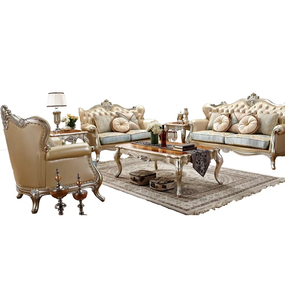 Set Sofa Kulit Furnitur Ruang Tamu Royal Elegan dengan 1 + 2 + 3 Tempat Duduk