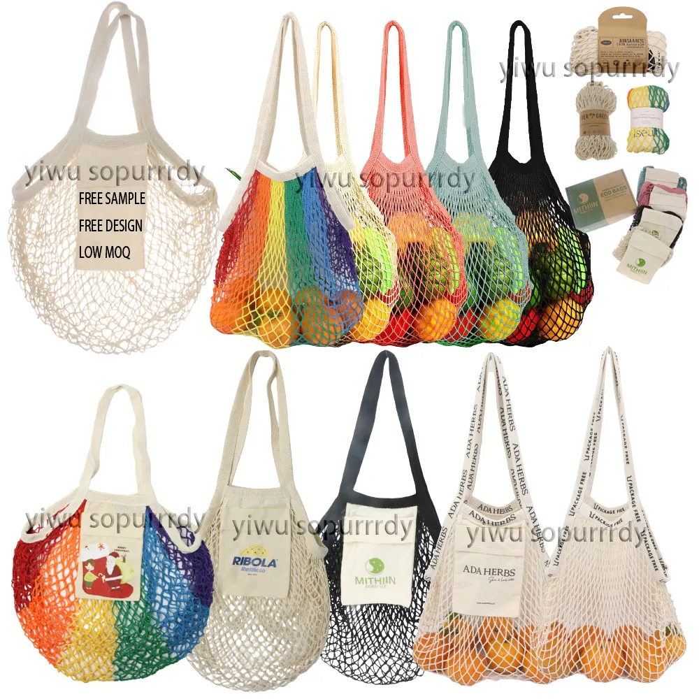 Sac fourre-tout de plage réutilisable en filet de coton pour épicerie écologique de grande capacité avec logo personnalisé, poignées courtes et longues pour aliments