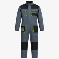 Combinaison de travail respirante en polyester gris, noir et vert lime, à blocs de couleur contrastés, col montant, multiples poches cargo, taille élastique