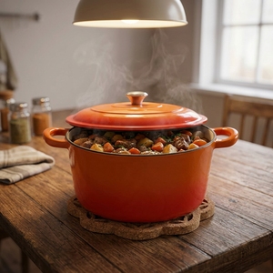 Casserole ronde <span class=keywords><strong>en</strong></span> <span class=keywords><strong>fonte</strong></span> émaillée ombrée orange de haute <span class=keywords><strong>qualité</strong></span>, équipée d'un couvercle assorti - Product Image 6