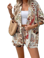 Ensemble deux pièces pour femme en polyester et coton 80g, imprimé bohème, avec short et kimono à manches courtes, tenue de plage, fournisseur ODM