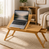 Table de lit en bambou OEM en gros avec tiroir de rangement, surface ventilée et pieds pliables pour la maison, le bureau et l'étude