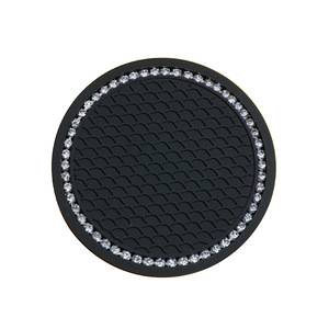 Car Rhinestone Cup Mat Round Soft Rubber Universal Non Slip Front Seat <b>Interior</b> <b>Accessory</b> Black PVC - Product Image 5
