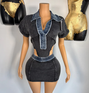 Viviblook Z326ST06 Nouvelle tenue en jean grande taille, combinaison à manches courtes et jupe, ensemble deux pièces pour femmes - Product Image 1