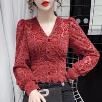 Camisas de encaje para mujer, camisas de manga larga abombadas de Color sólido, cuello en V francés, botones de malla transparente, Tops informales para mujer 2022