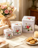 Lot de 3 boîtes métalliques carrées modernes à motif floral rose, durables, multifonctionnelles, imprimées, de qualité alimentaire, pour le stockage de biscuits, bonbons, thé, cadeaux de mariage