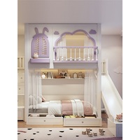Lit superposé pour enfants JS New Style Purple Theme avec toboggan, structure en bois massif avec rangement, lit princesse pour chambre de fille, ensemble de meubles