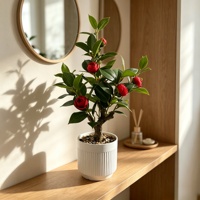 Lebensechte Kunst-Kamelie aus Polyester mit Echtem Gefühl, Topfpflanze mit Roten Knospen, Bonsai-Baum für den Tisch, Modern und Umweltfreundlich