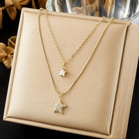 Collier double couche chic avec pendentif cœur et étoile en zircon pavé étincelant, chaîne irrégulière, bijoux haut de gamme pour femmes en gros TGXL14809