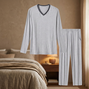 Ensemble de pyjama pour homme en coton tricoté gris à manches longues et col en V, couleur unie, vêtements de nuit décontractés avec poches, pour l'automne - Product Image 3