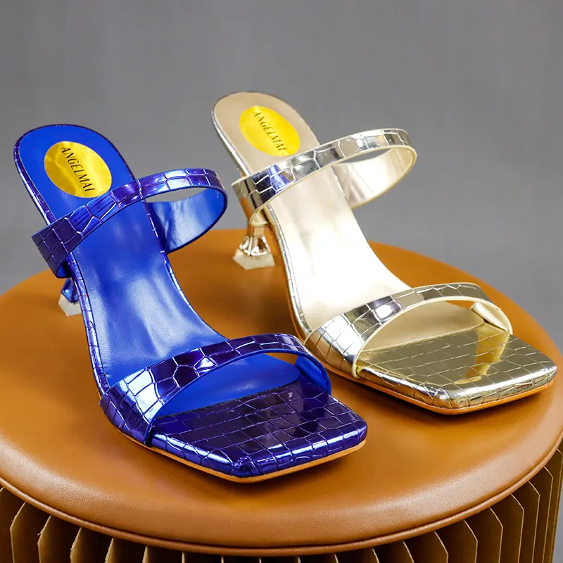 Sandalias de tacón alto y fino para mujer, zapatos femeninos con diseño de cocodrilo y cuero PU dorado, Stiletto de una correa, 2022