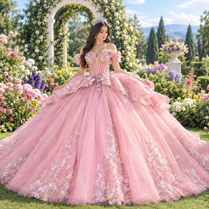 ชุดราตรีงาน Quinceanera รุ่น Dy8572 สีชมพูอมม่วงหรูหรา คอรูปหัวใจ ตัวเสื้อเสริมโครง กระโปรงชีฟองทรงบอลกาวน์แบบปีกคู่ - Product Image 1