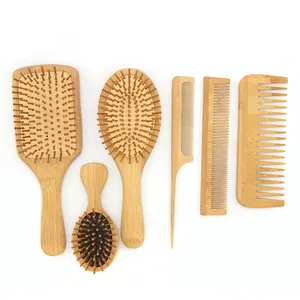 Natural madeira bambu Detangling cabelo Styling escova e pente Set