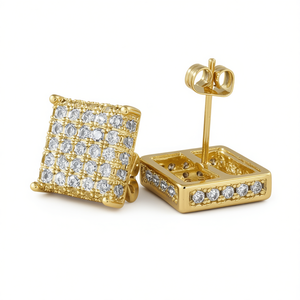 Boucles d'oreilles clous carrées en or E1685 avec zircon rond serti, design géométrique classique, bijoux de mode unisexe - Product Image 1