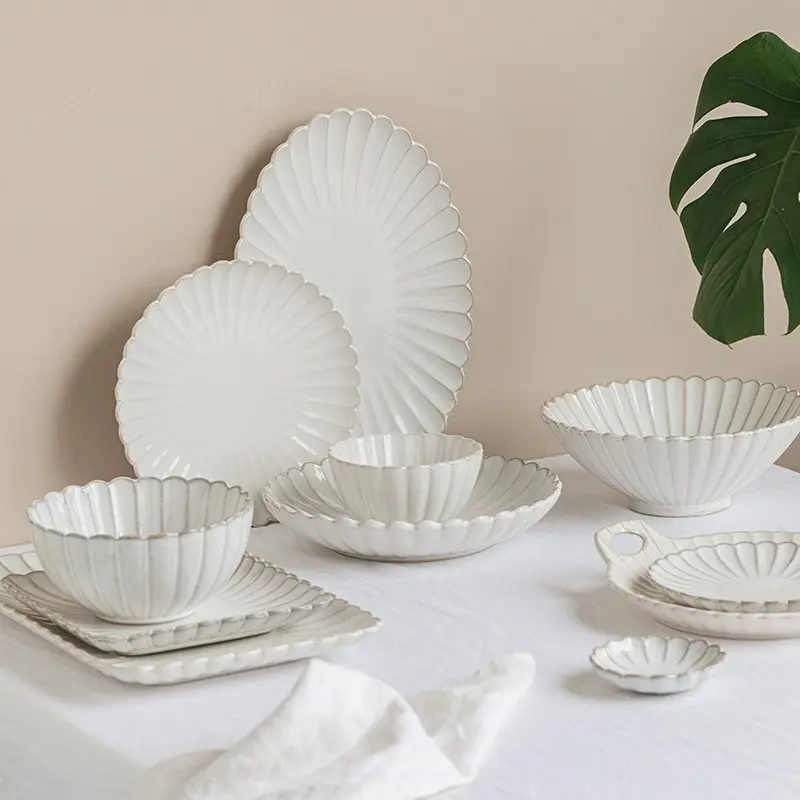 Dropshipping सिरेमिक गुलदाउदी पकवान सफेद वर्दी शीशे का आवरण घरेलू Decal पैटर्न बर्तन सेट नॉर्डिक शैली tableware