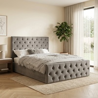 Lit Moderne Personnalisable avec Tête de Lit en Velours, Ottoman de Rangement et Tiroirs, Cadre de Lit en Bois avec Sommier Queen/King Size