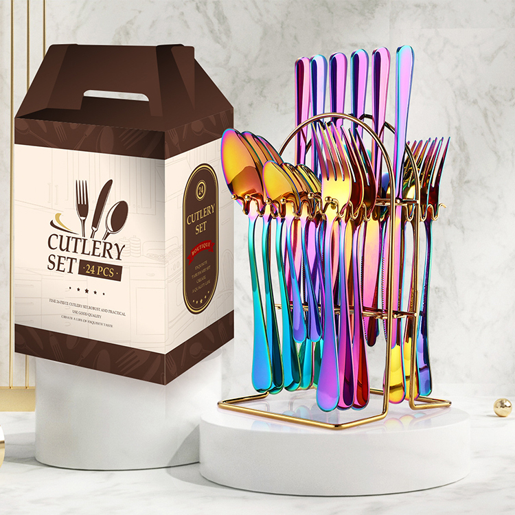 # 24-Piece Stainless Steel Tableware Set – Western Style Polished Cutlery Set in 5 Colors for Home, Travel & Dining - View 2