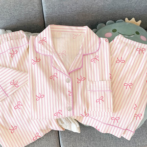 Conjunto de Pijama Listrado com Laço, Respirável, de Comprimento Total, para Meninas, Manga Curta, Três Peças, Leve, Efeito Amassado, Verão - Product Image 2