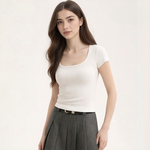 Camiseta de cuello cuadrado para mujer, novedad primavera-verano, <span class=keywords><strong>con</strong></span> almohadillas incorporadas en el pecho, cuello en U grande, hombros en ángulo recto, top básico de manga corta - Product Image 2