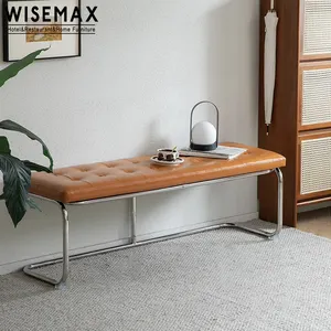 WISEMAX家具现代餐厅家具简约皮革长凳，带不锈钢底座北欧脚凳，用于床边