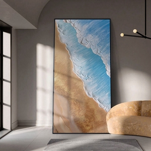 Pintura abstracta de paisaje de mar, hermoso paisaje pintado a mano de arena dorada y olas azules del océano, 100% - Product Image 3