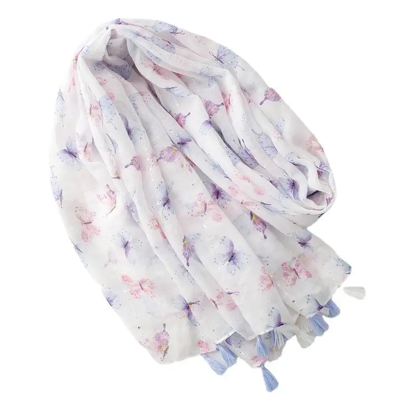 Wholesale Summer Light Beige Flower Large Cotton Voile Japanese Scarf With Tassels Floral Printed Cotton Scarves Muslim Hijabs