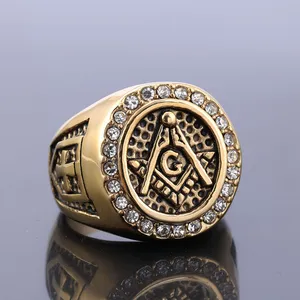 Customized Stainless Steel Men's Masonic AG Diamond Gold Ring Retro Personality Freemasons Crusaders Cross Shield Ring