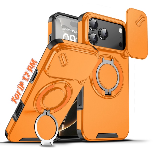 Luxury Lens Camera Mobile Phone Cover for iPhone 17 Pro Max 16 15 14 13 Pro 12 11 Pro Max Plus Ring TPU PC Shockproof Slide Case