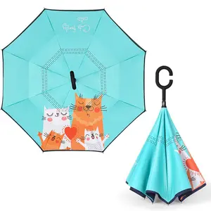 Supplier Wholesale Double Layer Polyester Children Reverse Umbrella Custom C-shaped Handle Kid Invert Reverse Umbrella