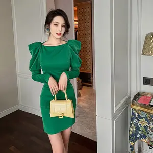 ZYHT 10044 2024 Spring New European and American Style Dress Green Puff Sleeves Slim Fit Hip Short Dress