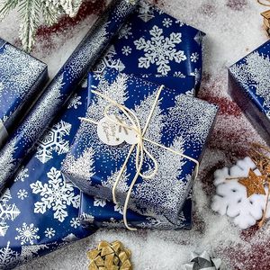Papel de regalo navideño azul oscuro de doble cara, papel de regalo plateado con diseño de árbol de Navidad, papel de regalo plateado metalizado - Product Image 2