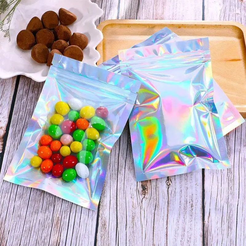 होलोग्राफिक रंग जिपर बैग Resealable एल्यूमीनियम पन्नी फ्लैट ज़िप ताला बैग पार्टी के पक्ष के लिए खाद्य भंडारण