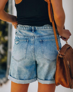 Shorts en jean taille haute pour femme, délavé à l'acide, coupe décontractée, ourlet retroussé, effet usé et effiloché, pour l'été - Product Image 6