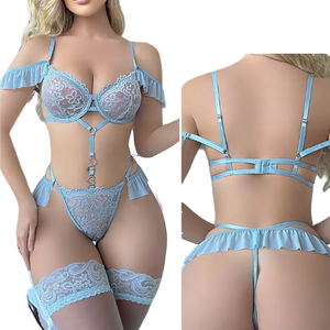 Hot Backless Thin Bra With Lotus Leaf Lace Lingerie Set Sexy Solid Color Bra Support for Women Wholesale - Product Image 1