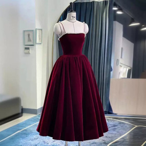 Velvet Toast Dress Claret A-Line Square Collar Evening Dress For Engagement Homecoming - Product Image 4