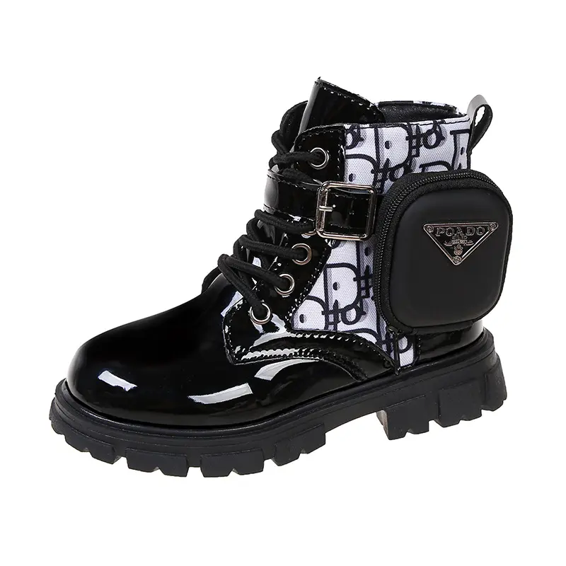 Design de mode hiver automne enfants chaussures en peluche marque petites filles enfants en cuir noir moto bottines Martin