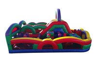 Parcours d'obstacles gonflable commercial multicolore avec toboggan en PVC pour enfants, jeu de défi de rebond, idéal pour événements extérieurs et location, pour un plaisir de rebondissement.
