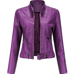 Veste moto en cuir PU violet, coupe ajustée, col montant, fermeture éclair, couleur unie, style automne, veste pour homme - Product Image 1