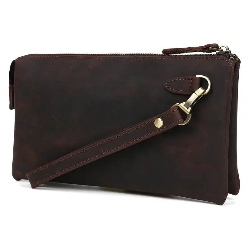 Tiding New Trendy Vintage Men Retro Brown Leather Business Zip Clutch Bag With Wristlet Real Leather Cow Cowhide Purse