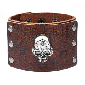 Cowhide <b>Leather</b> <b>Bracelet</b> For Men Wide Skull Pattern Brown Tibetan Silver Jewelry European American Style - Product Image 1