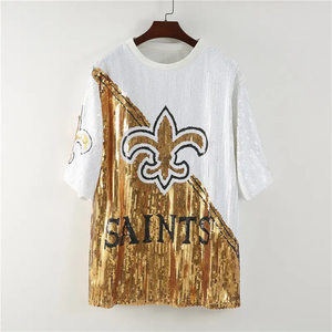 Robe décontractée Saireish personnalisée motif fleur de lys noir et or, avec sequins de football et franges perlées, taille naturelle, écologique - Product Image 4